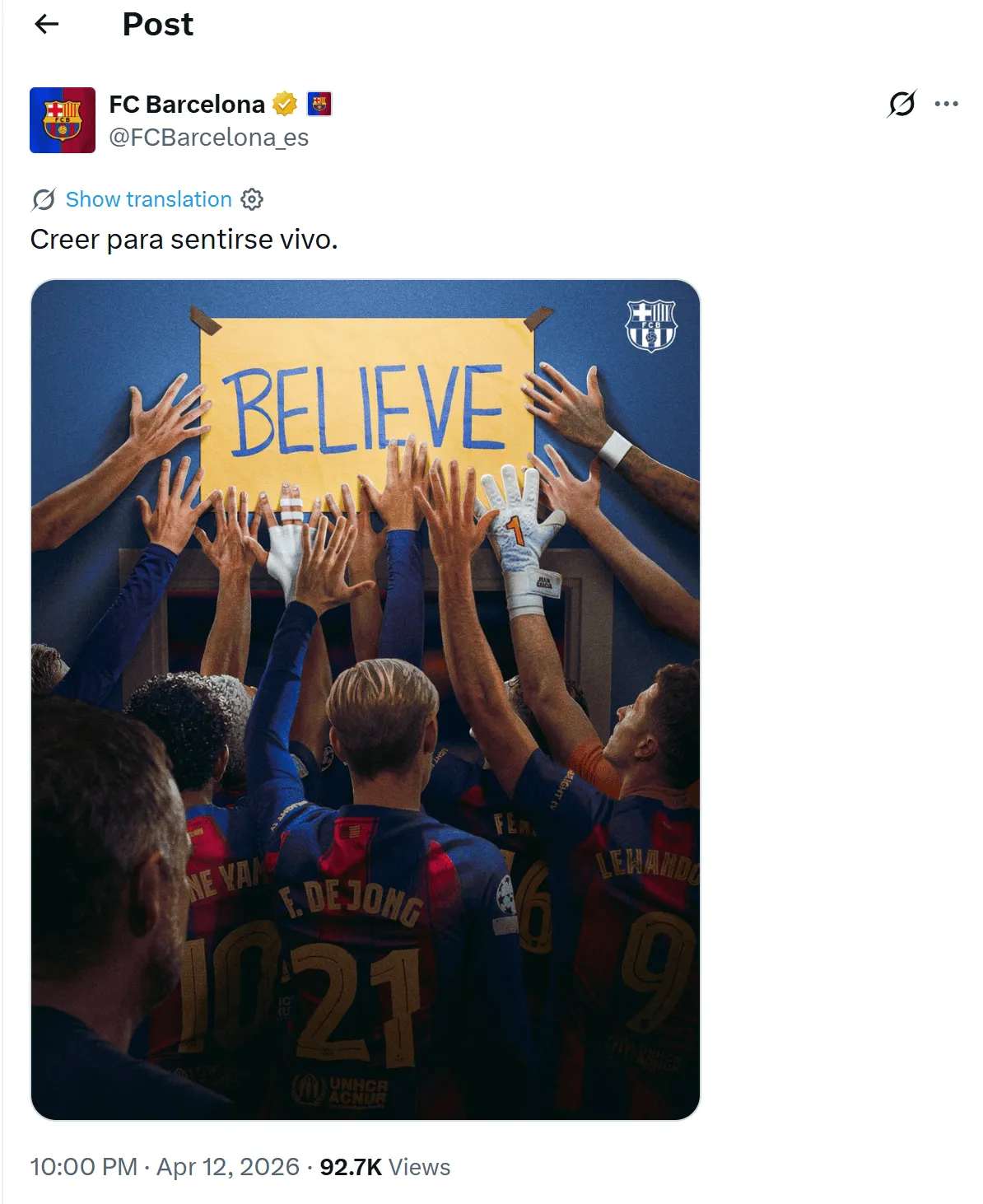 半岛体育下载-传递逆转信念，巴萨社媒：唯有相信，才能感受到生命的跃动